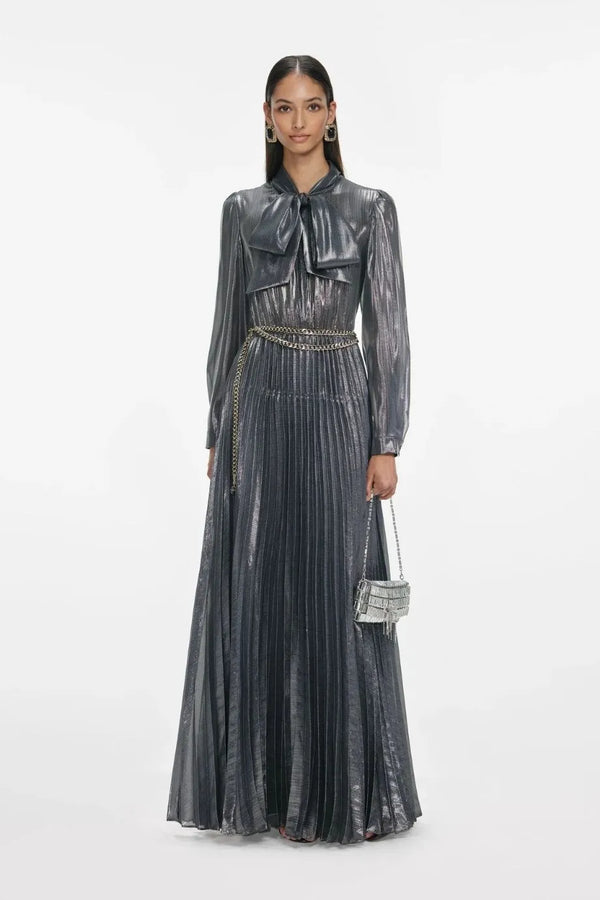 Metallic Pussy Bow Pleated Maxi Dress in Grey