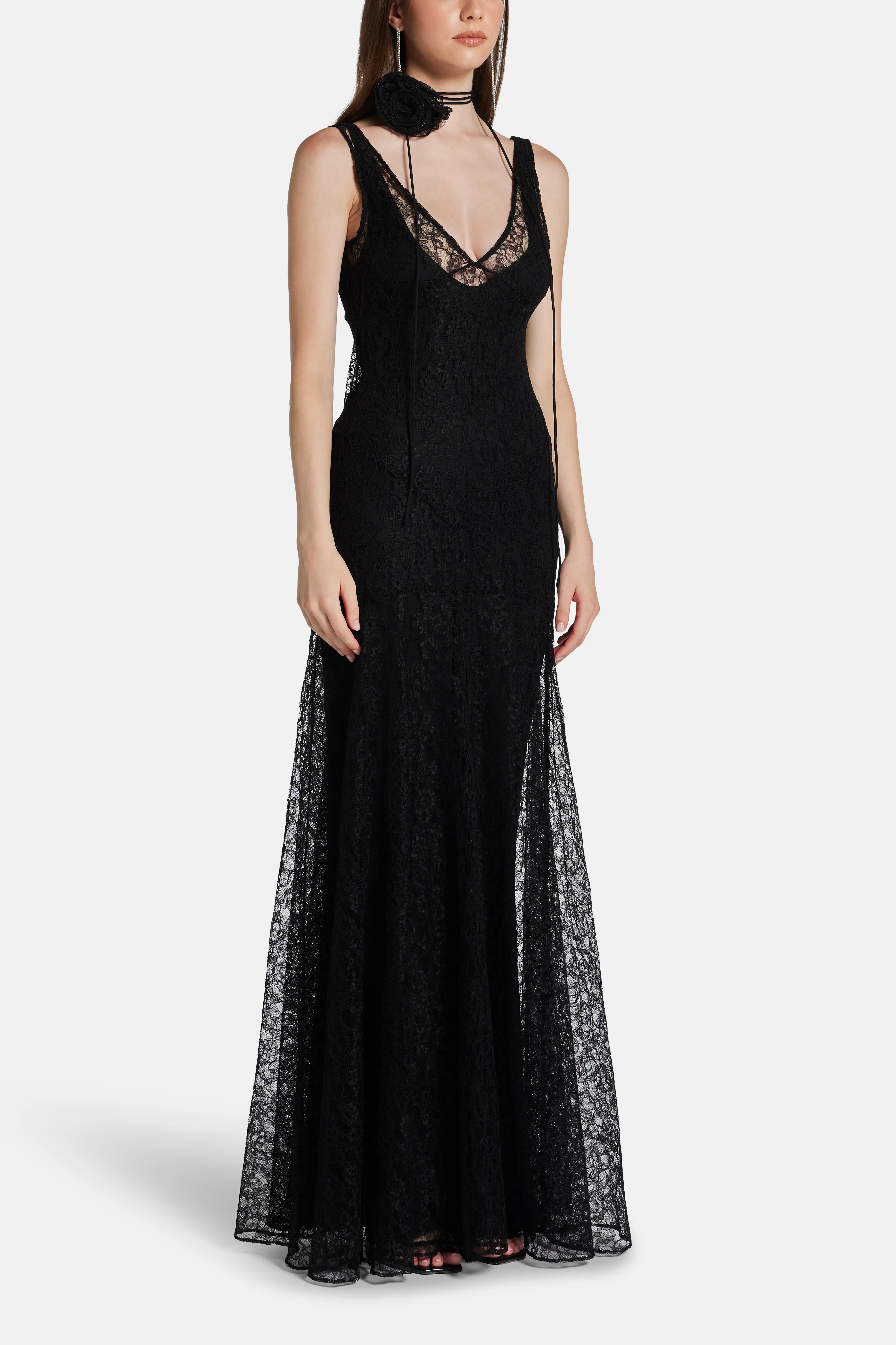 Persephone Lace Cotton Sleeveless Maxi Dress With Rose Neck Piece in Black