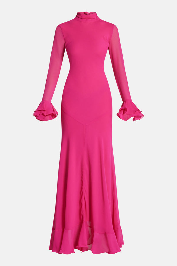 Daira Chiffon Maxi Dress With Cuffs Detail in Pink