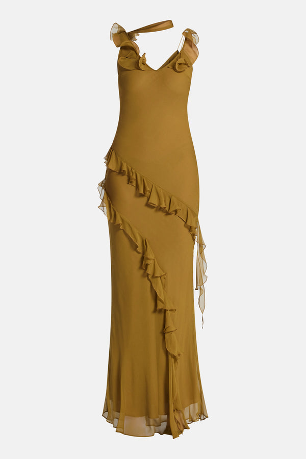 Hemera Sleeveless Ruffle Silk Chiffon Maxi Dress With Detachable Scarf in Brown