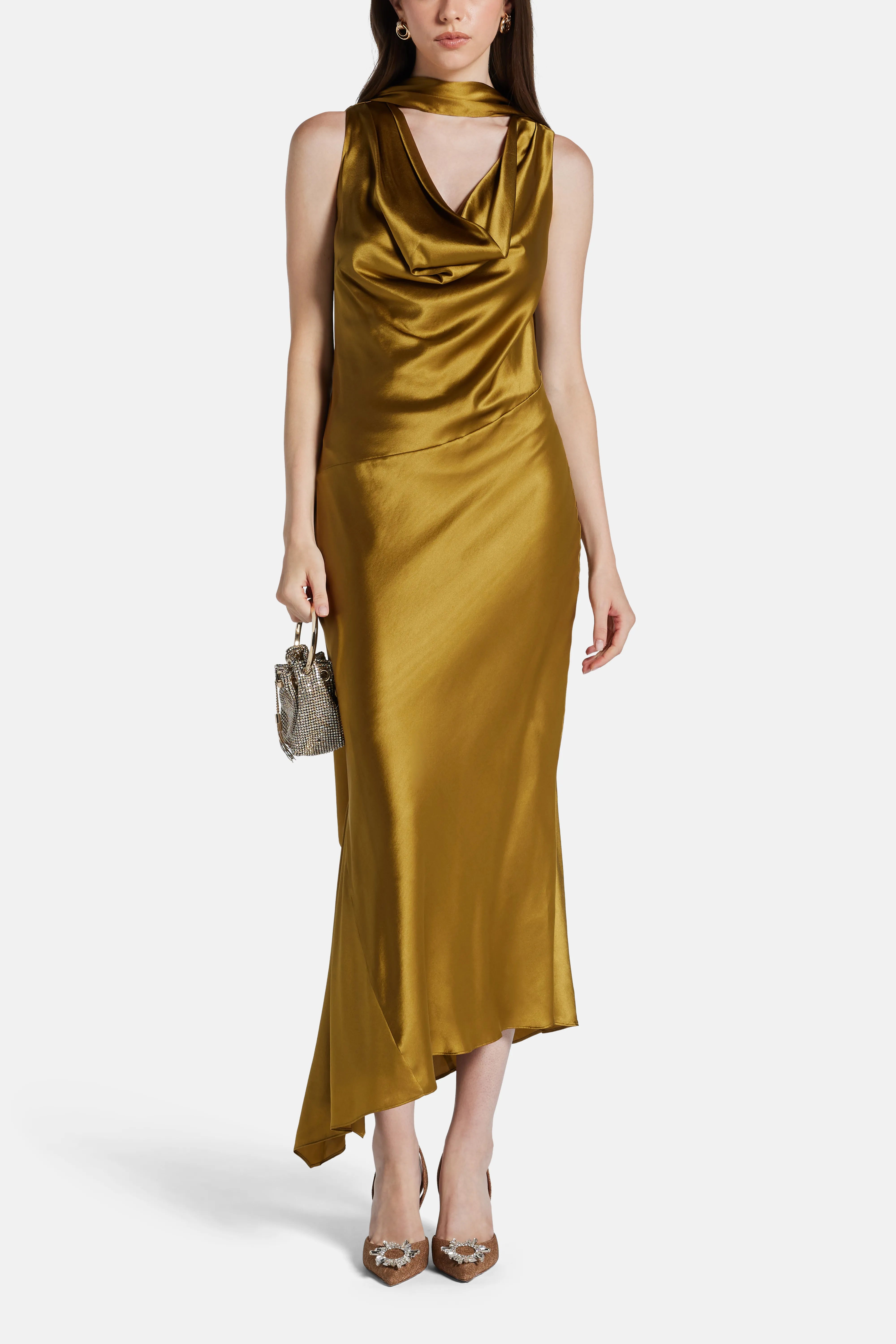 Thebe Sleeveless Silk Satin Midi Dress With Detachable Scarf in Brown