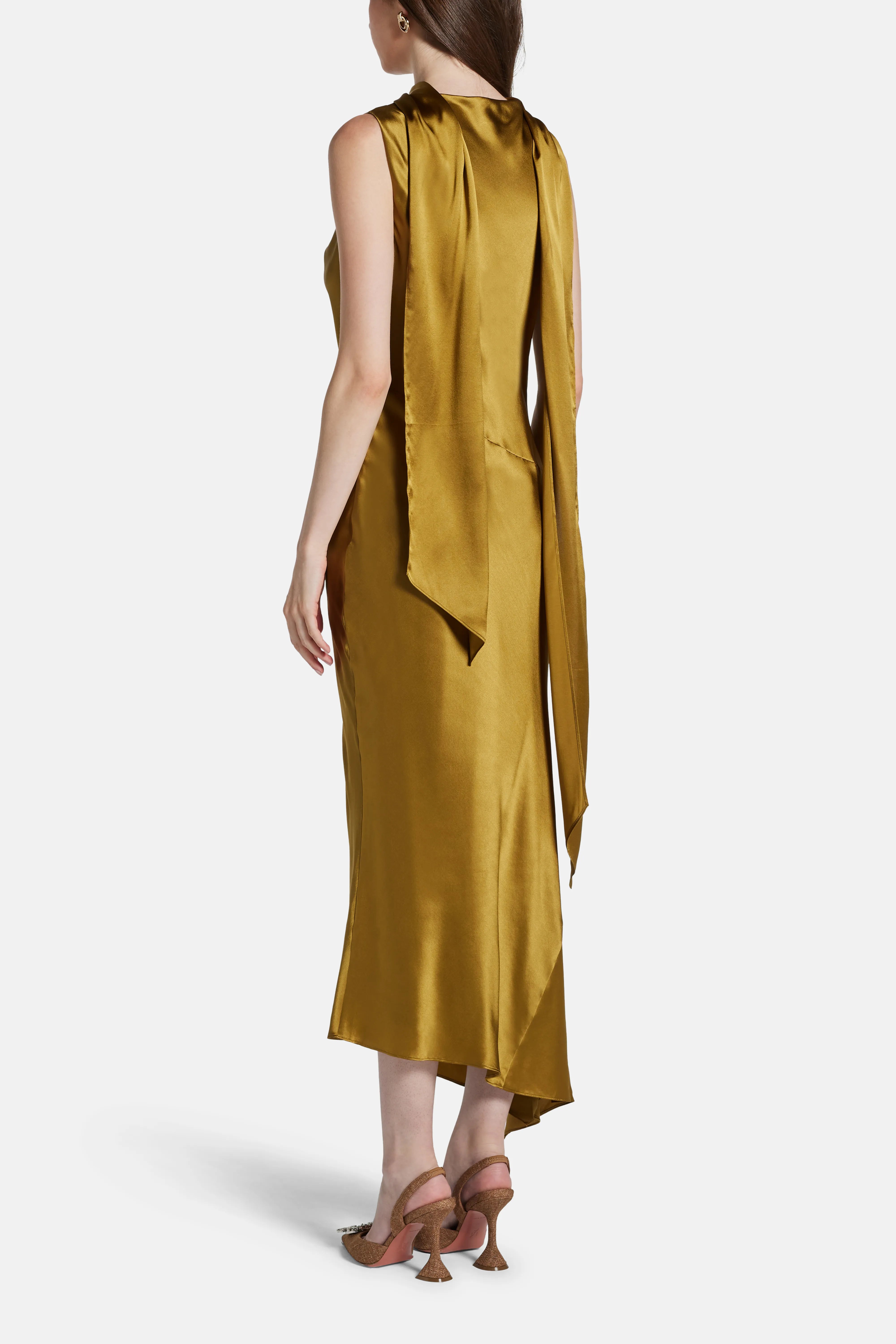 Thebe Sleeveless Silk Satin Midi Dress With Detachable Scarf in Brown