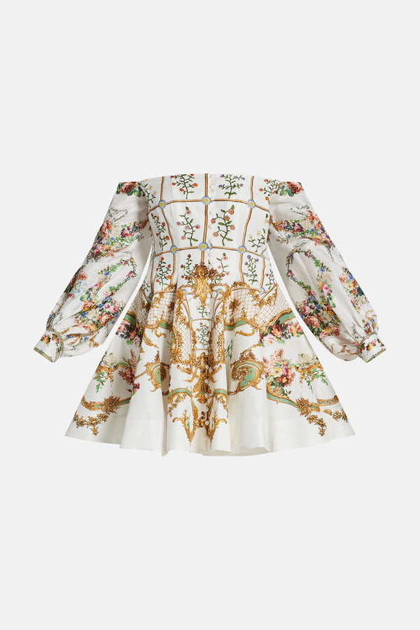 Dressing Room Drama Seamed Floral Linen Silk Off Shoulder Mini Dress in White