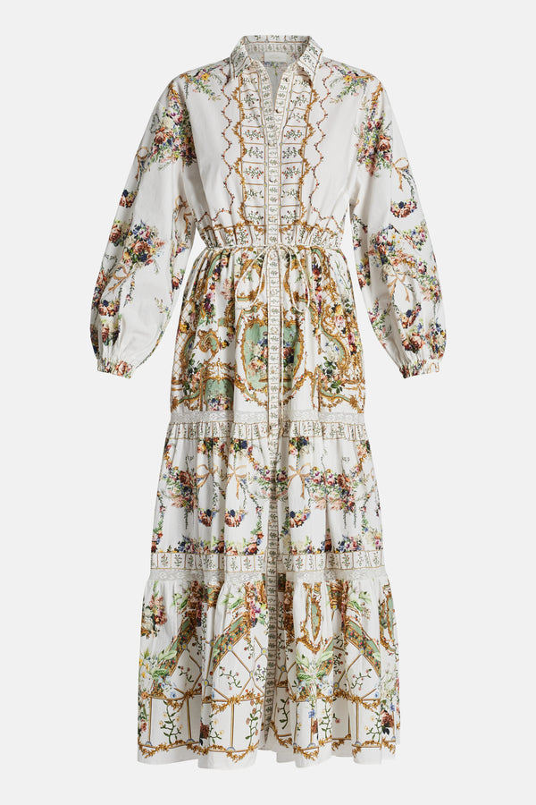 Dressing Room Drama Floral Tiered Long Sleeves Cotton Shirt Maxi Dress in White