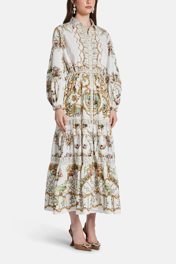 Dressing Room Drama Floral Tiered Long Sleeves Cotton Shirt Maxi Dress in White