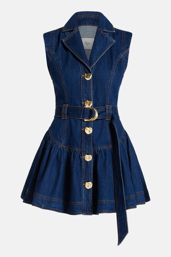 Elena Belted Cotton Denim Mini Dress in Blue