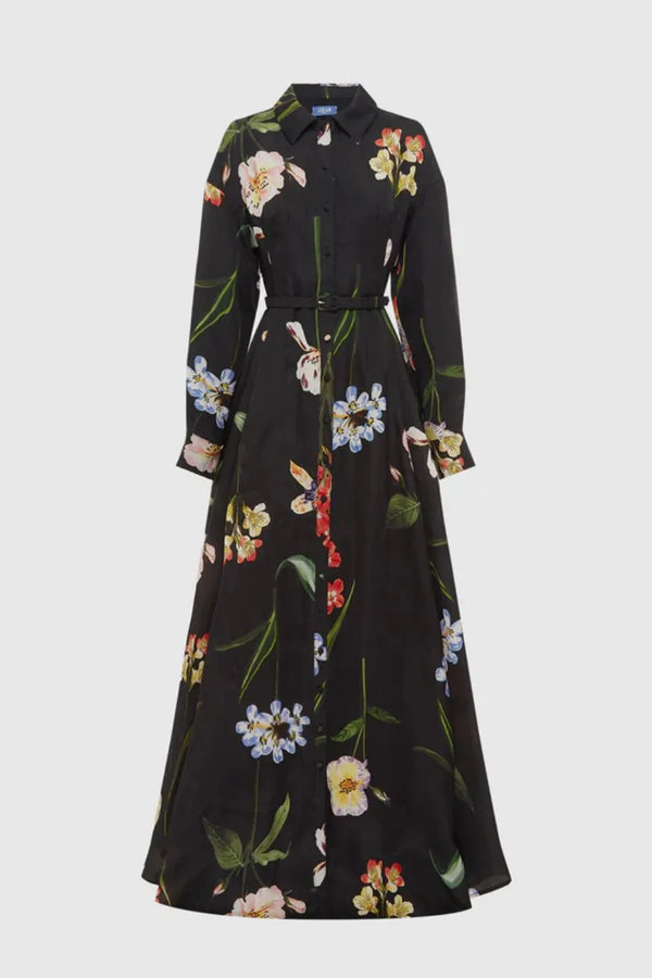 Josephine Botanical Print Silk Belted Maxi Dress in Black