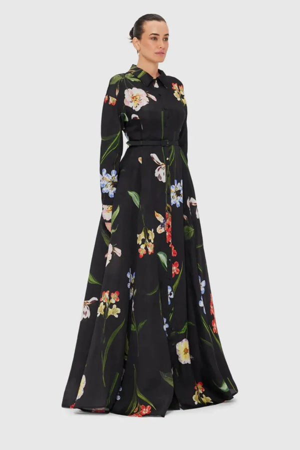 Josephine Botanical Print Silk Belted Maxi Dress in Black