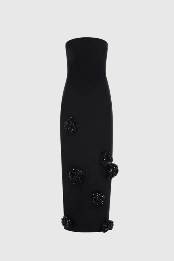Rayna Embellished Wool Silk Blend Bustier Maxi Dress in Black