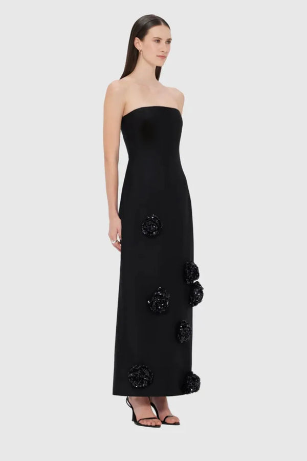 Rayna Embellished Wool Silk Blend Bustier Maxi Dress in Black