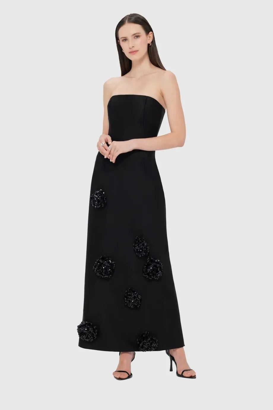 Rayna Embellished Wool Silk Blend Bustier Maxi Dress in Black