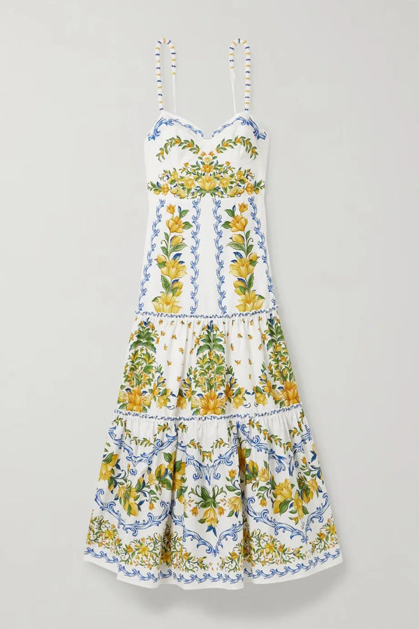 Sicily Floral Organic Cotton Sleeveless Midi Dress in White