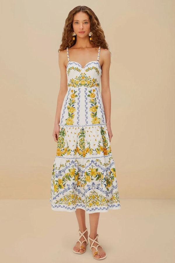 Sicily Floral Organic Cotton Sleeveless Midi Dress in White