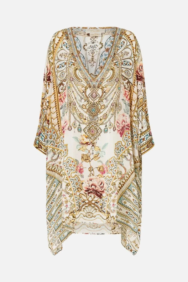 Ottoman Dynasty Floral Short Silk Kaftan With Cuff in Beige