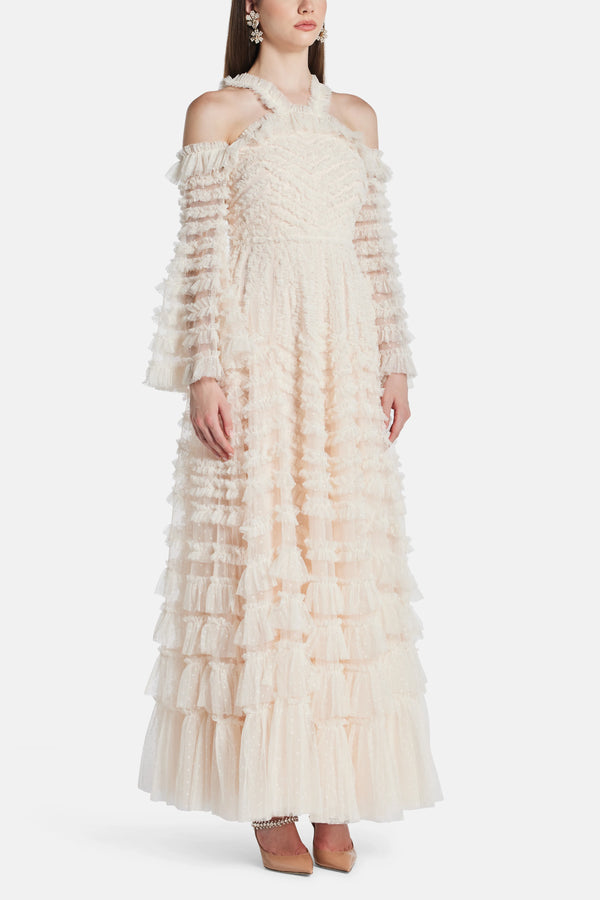 La Vie En Rose Off Shoulder Evening Dress in Cream