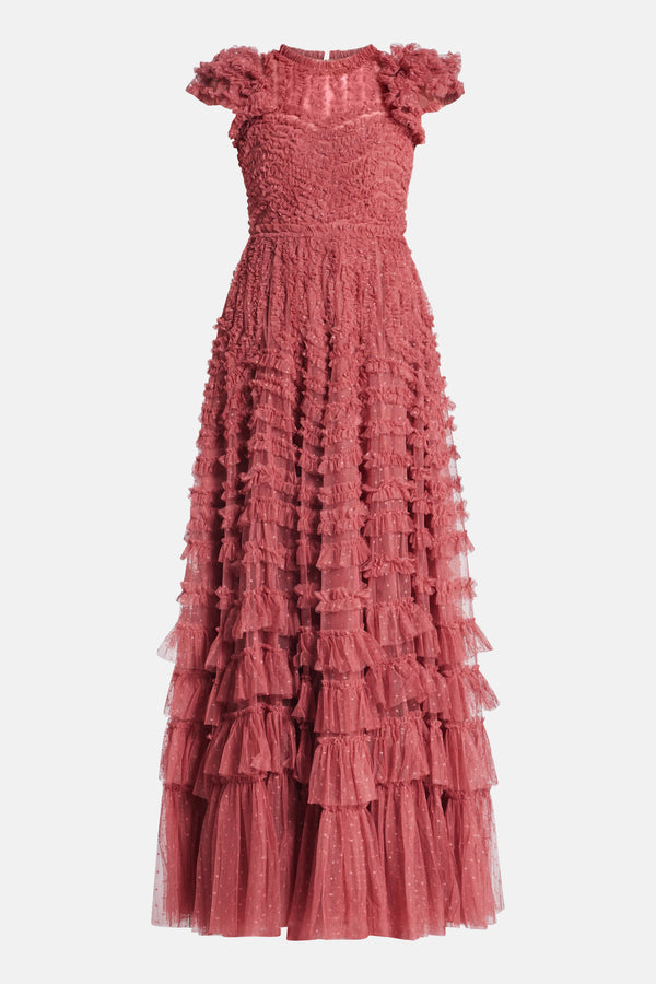 Dappled Sequin Round Neck Long Sleeves Evening Dress in Maroon
