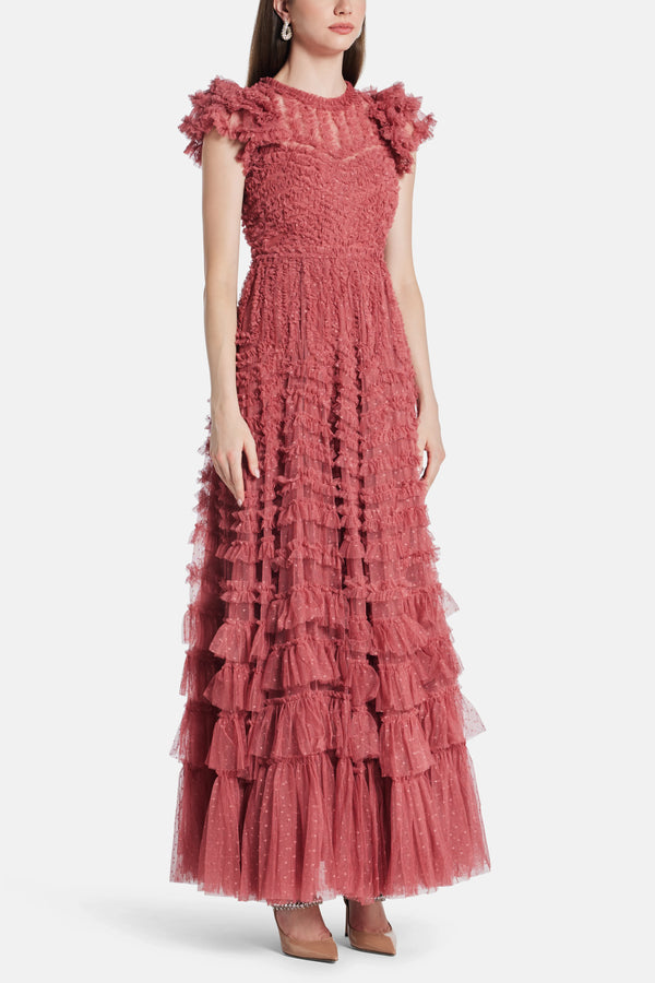 Dappled Sequin Round Neck Long Sleeves Evening Dress in Maroon