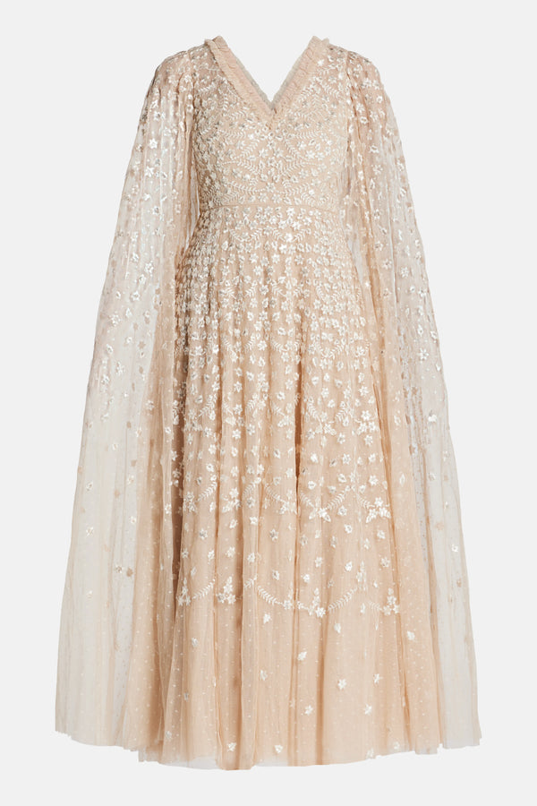 Clover Cape Sleeve V Neck Evening Dress in Beige