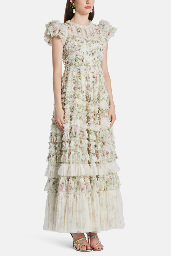 Colettes La Vie En Rose Round Neck Short Sleeves Evening Dress in Cream