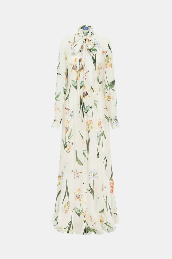 Lilith Tie Neck Floral Botanical Print Silk Maxi Dress in White