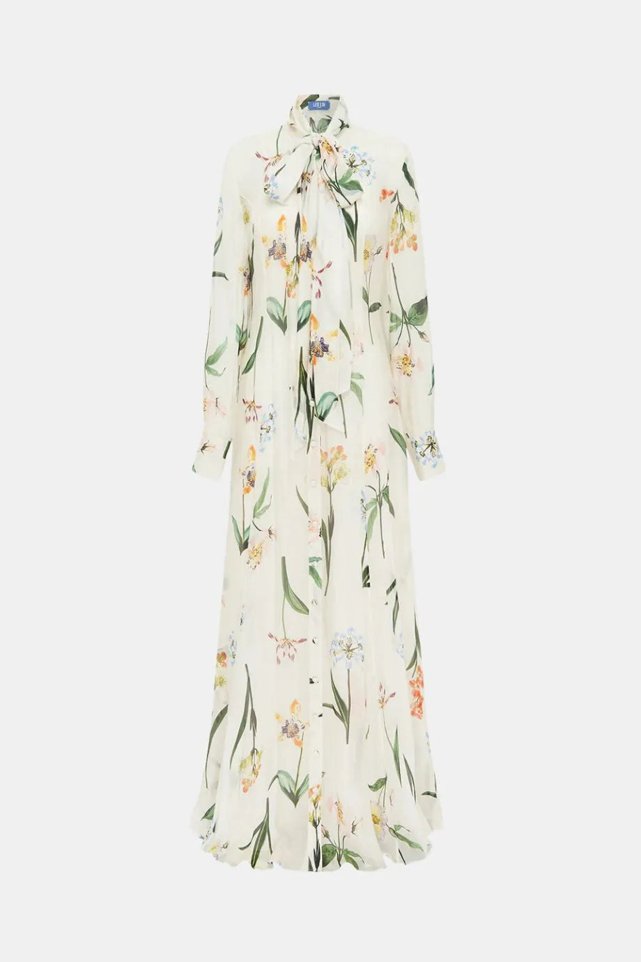 Lilith Tie Neck Floral Botanical Print Silk Maxi Dress in White