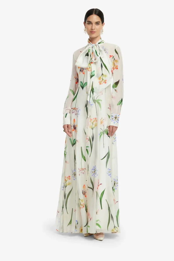 Lilith Tie Neck Floral Botanical Print Silk Maxi Dress in White
