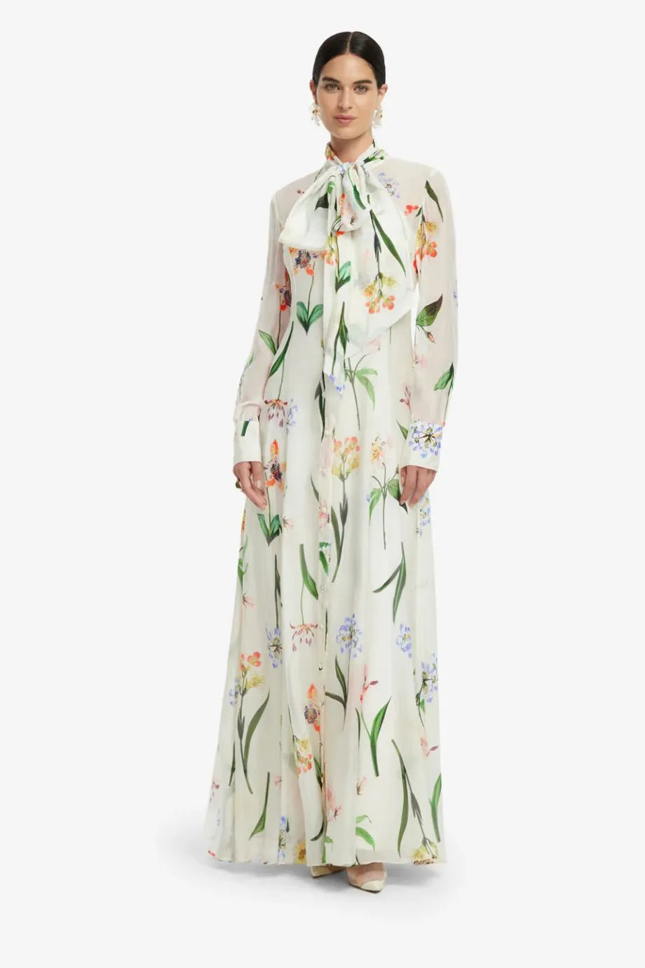 Lilith Tie Neck Floral Botanical Print Silk Maxi Dress in White