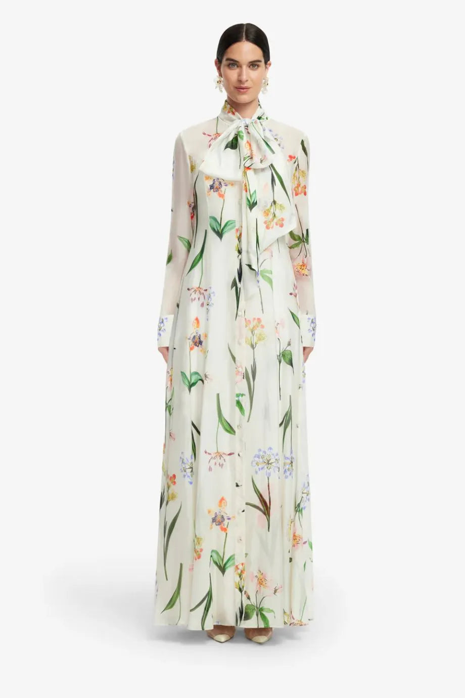Lilith Tie Neck Floral Botanical Print Silk Maxi Dress in White