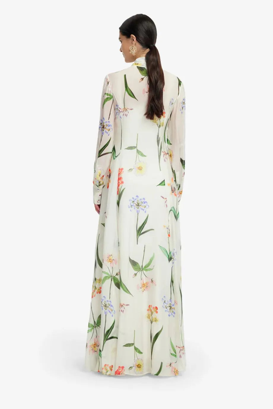 Lilith Tie Neck Floral Botanical Print Silk Maxi Dress in White