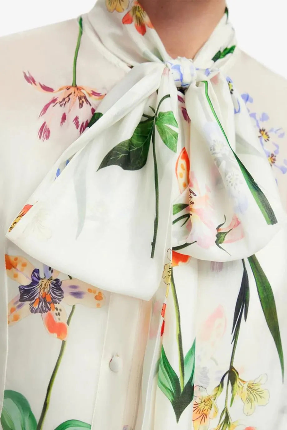 Lilith Tie Neck Floral Botanical Print Silk Maxi Dress in White