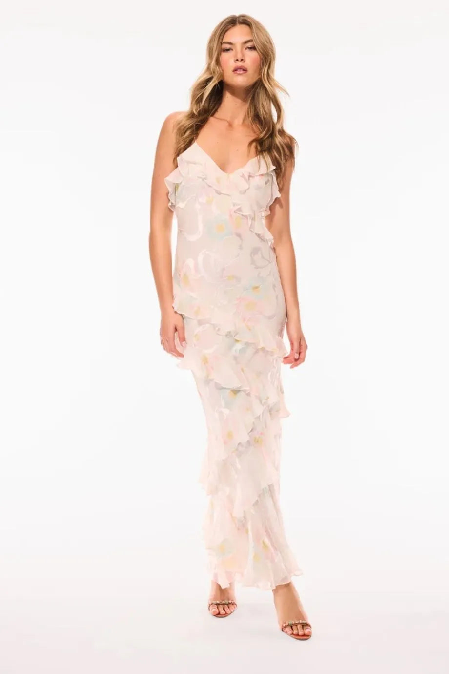 Rialto Sleeveless Ruffles Silk Maxi Dress in White