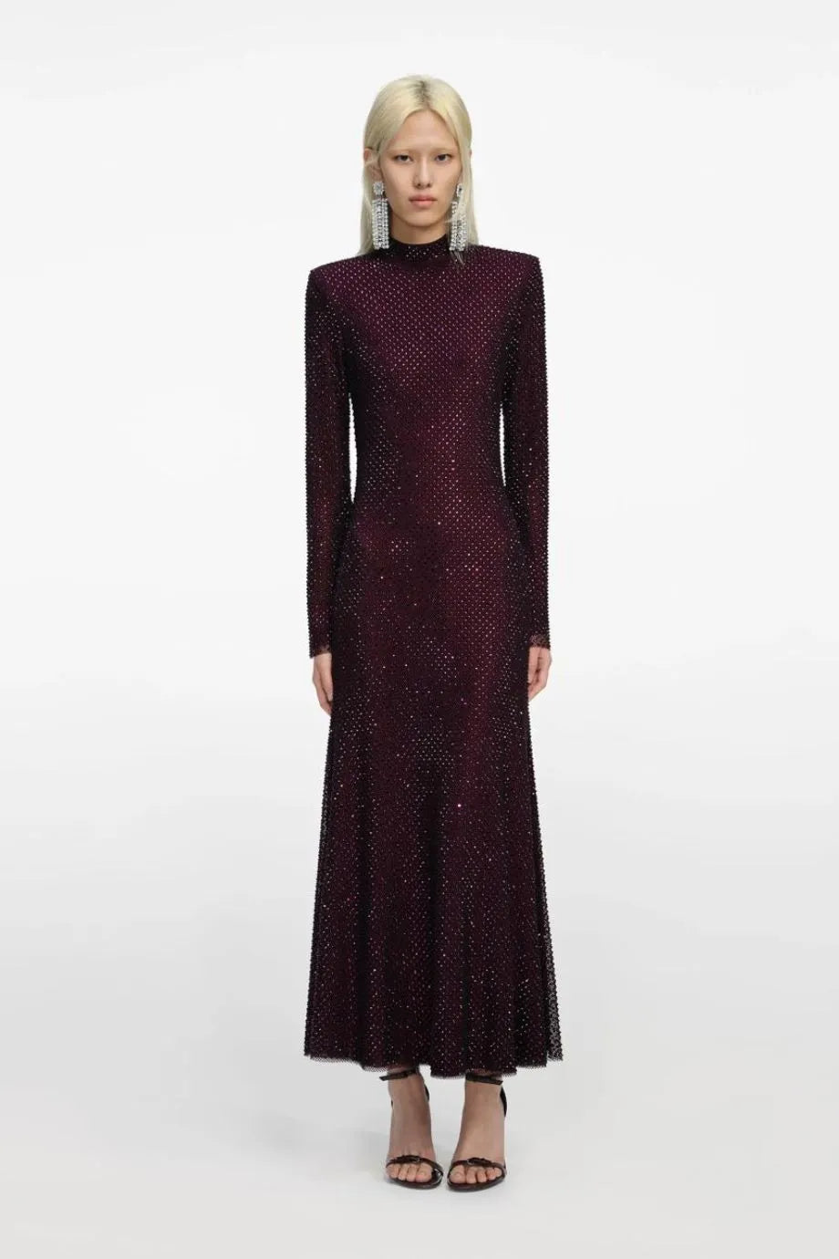 Rhinestone Fishnet Evening Dress in Burgundy