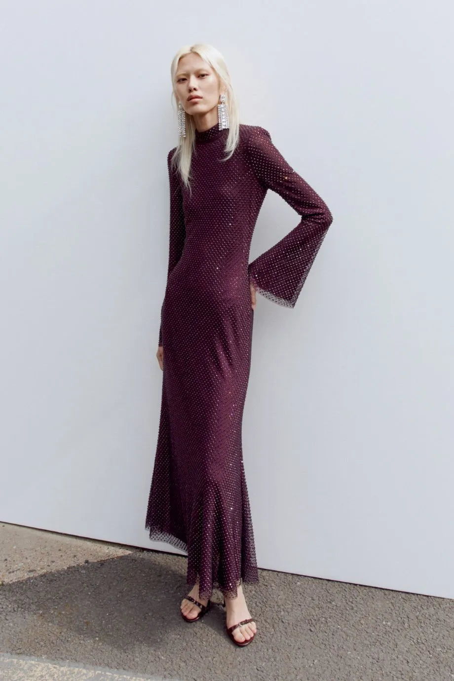 Rhinestone Fishnet Evening Dress in Burgundy