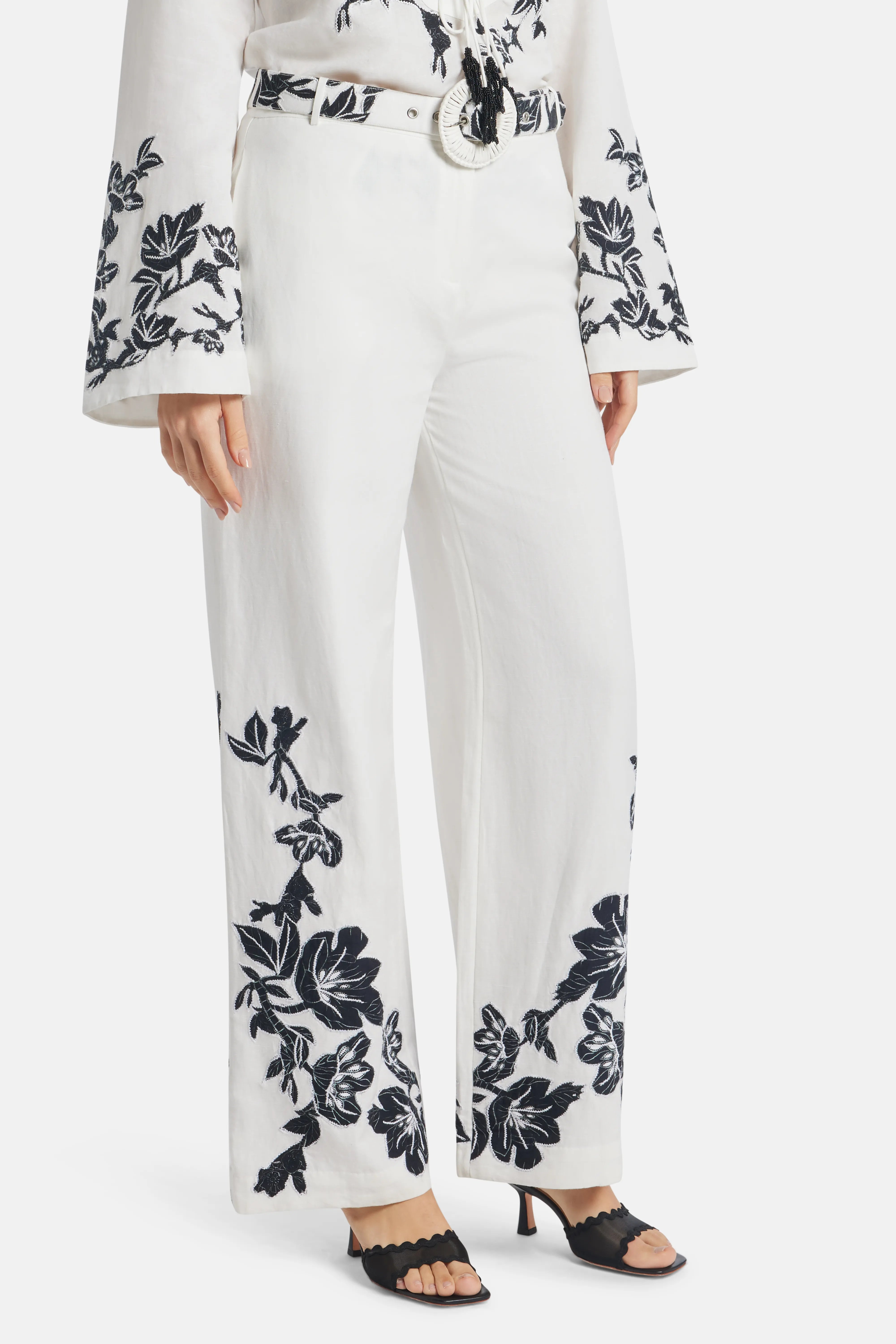 Aahi Floral Linen Wide Legged Belted Pants in White