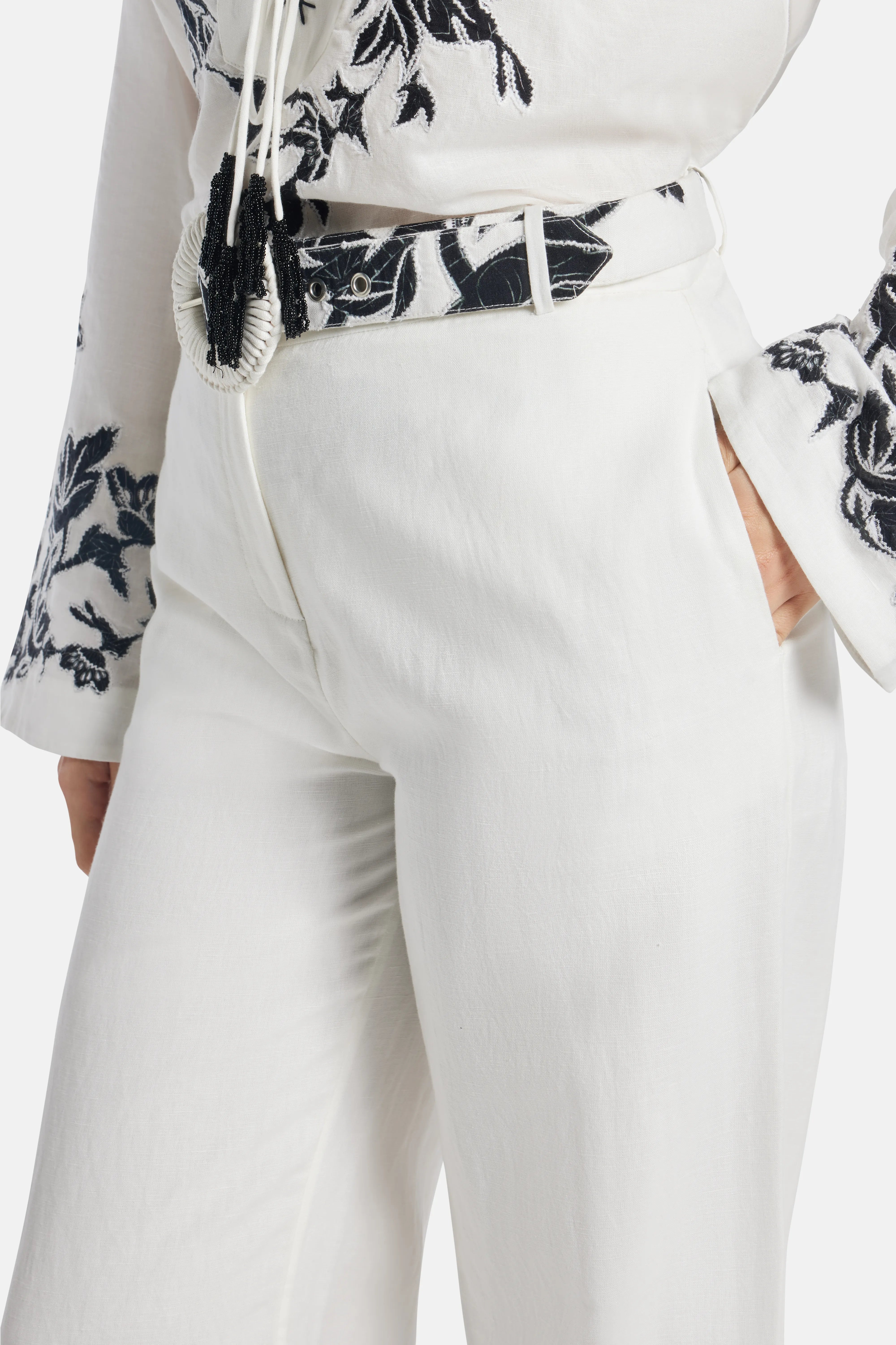 Aahi Floral Linen Wide Legged Belted Pants in White