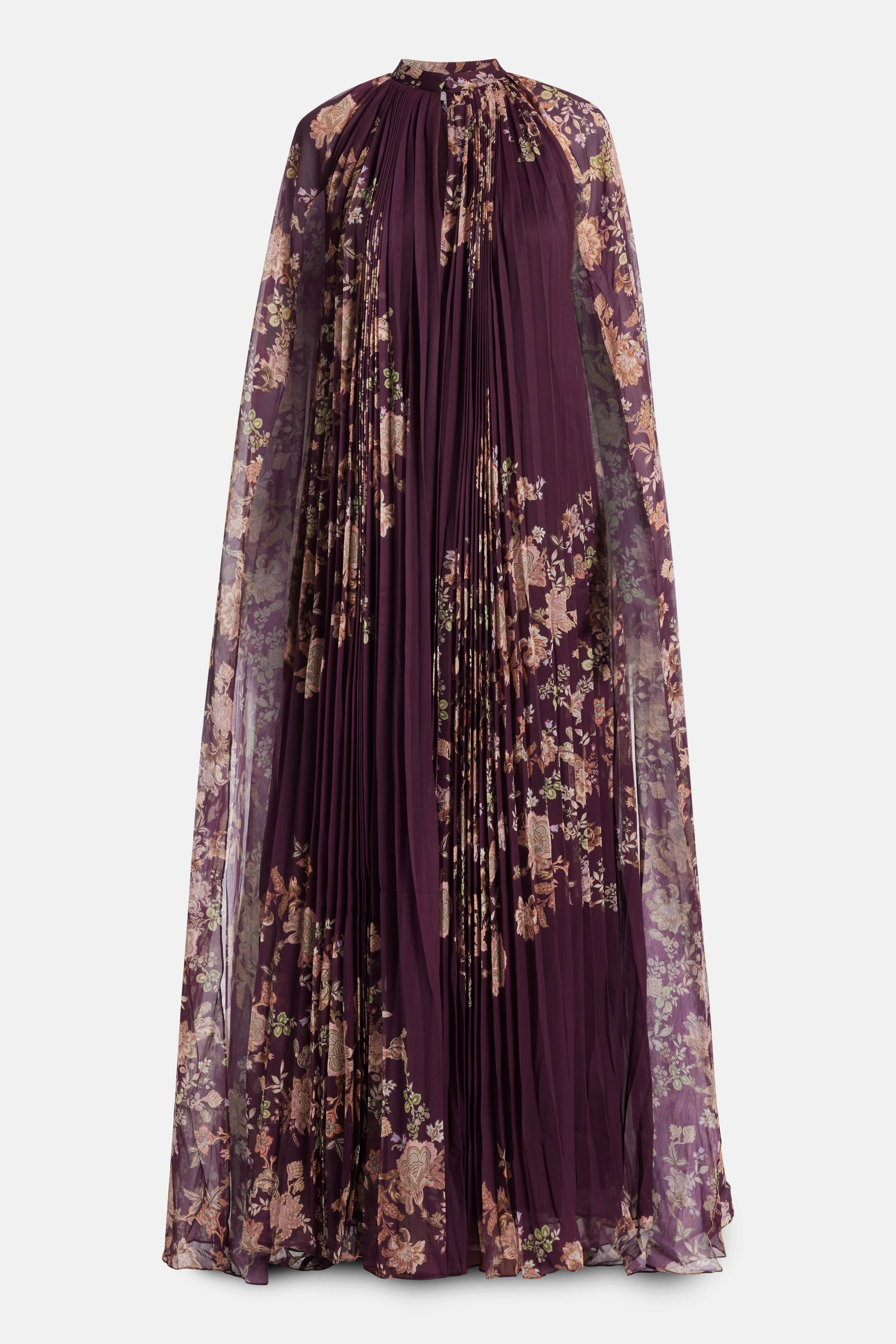 Savi Floral Pleated Cape Cotton Maxi Dress in Burgundy