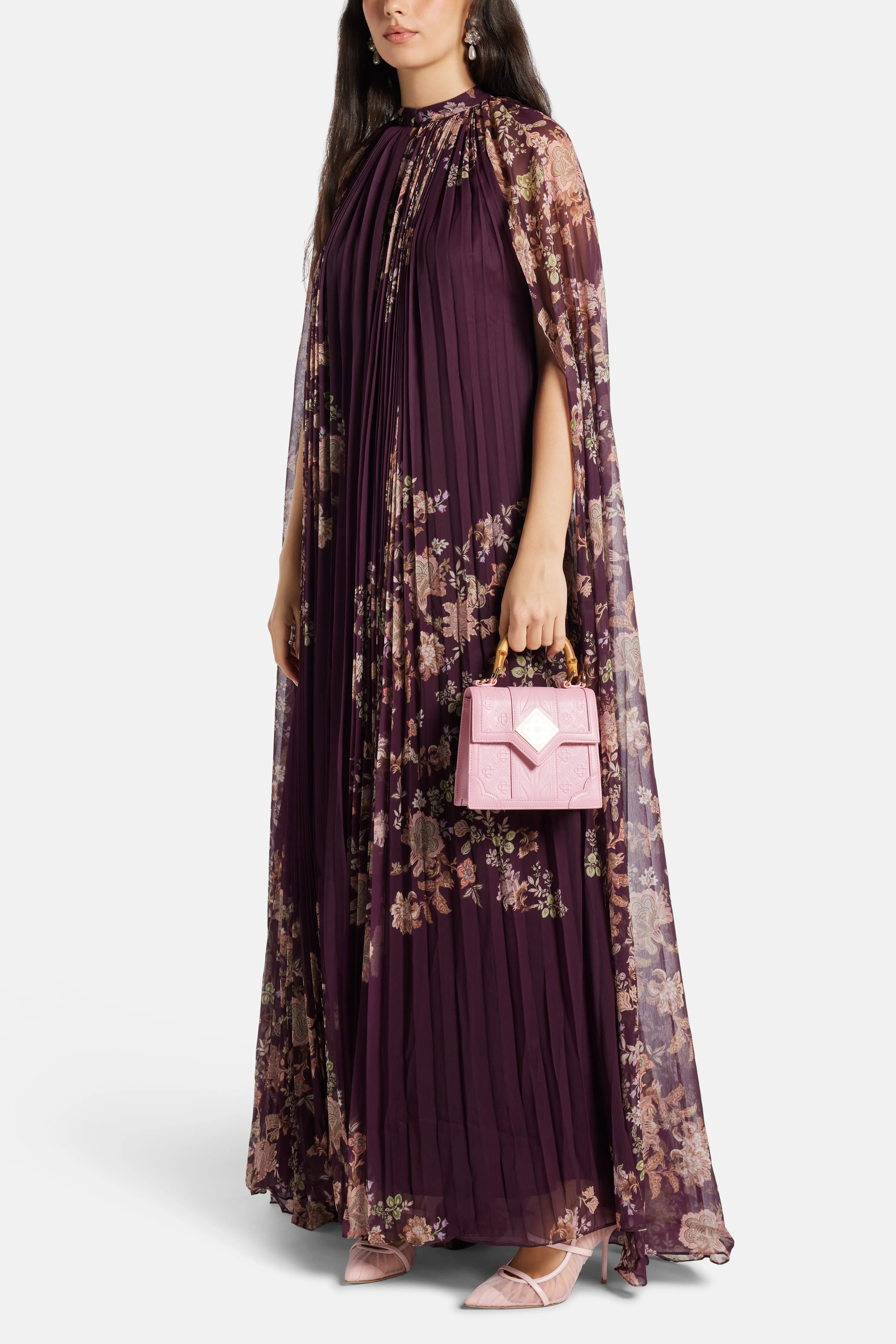Savi Floral Pleated Cape Cotton Maxi Dress in Burgundy