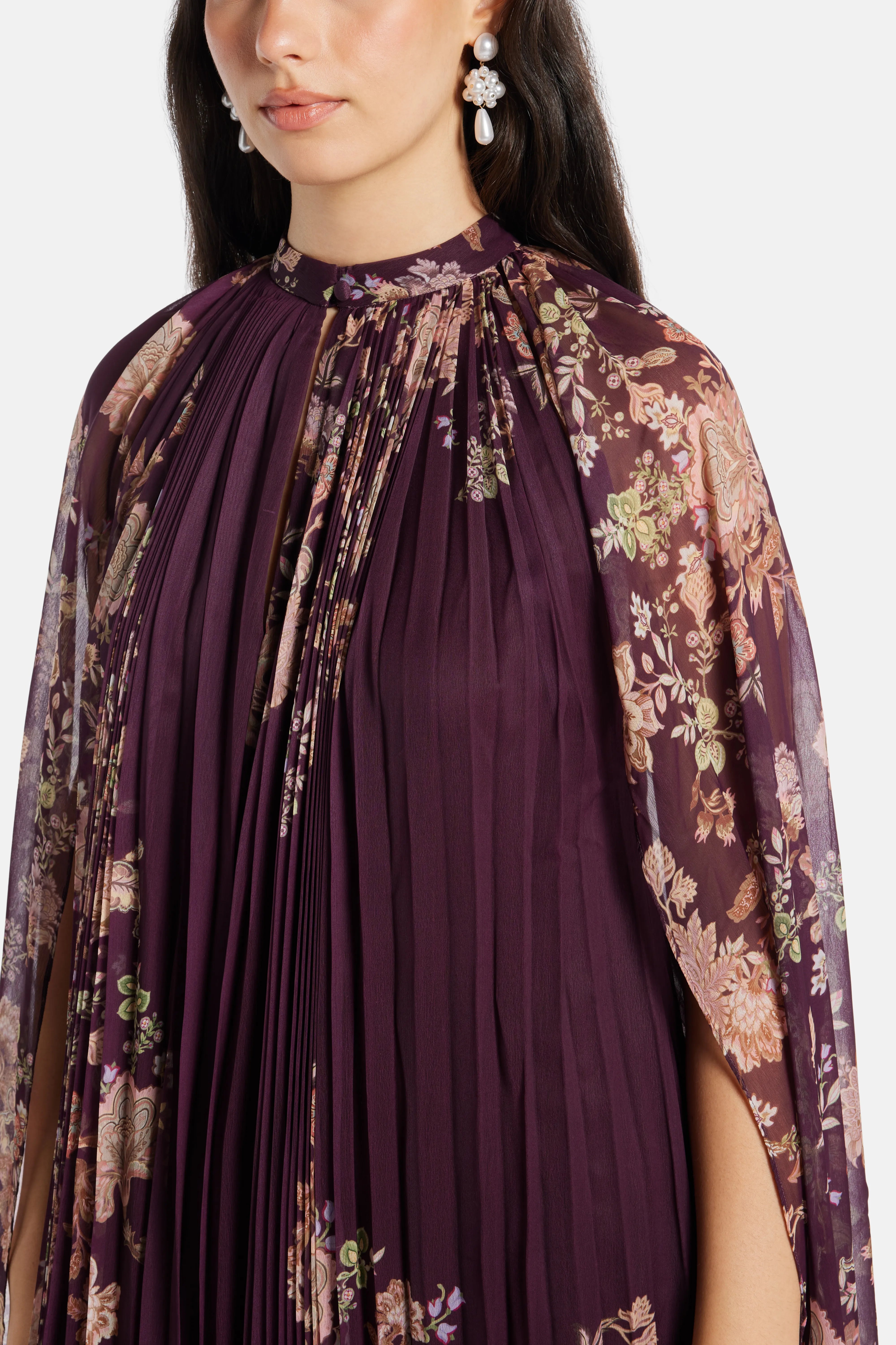 Savi Floral Pleated Cape Cotton Maxi Dress in Burgundy