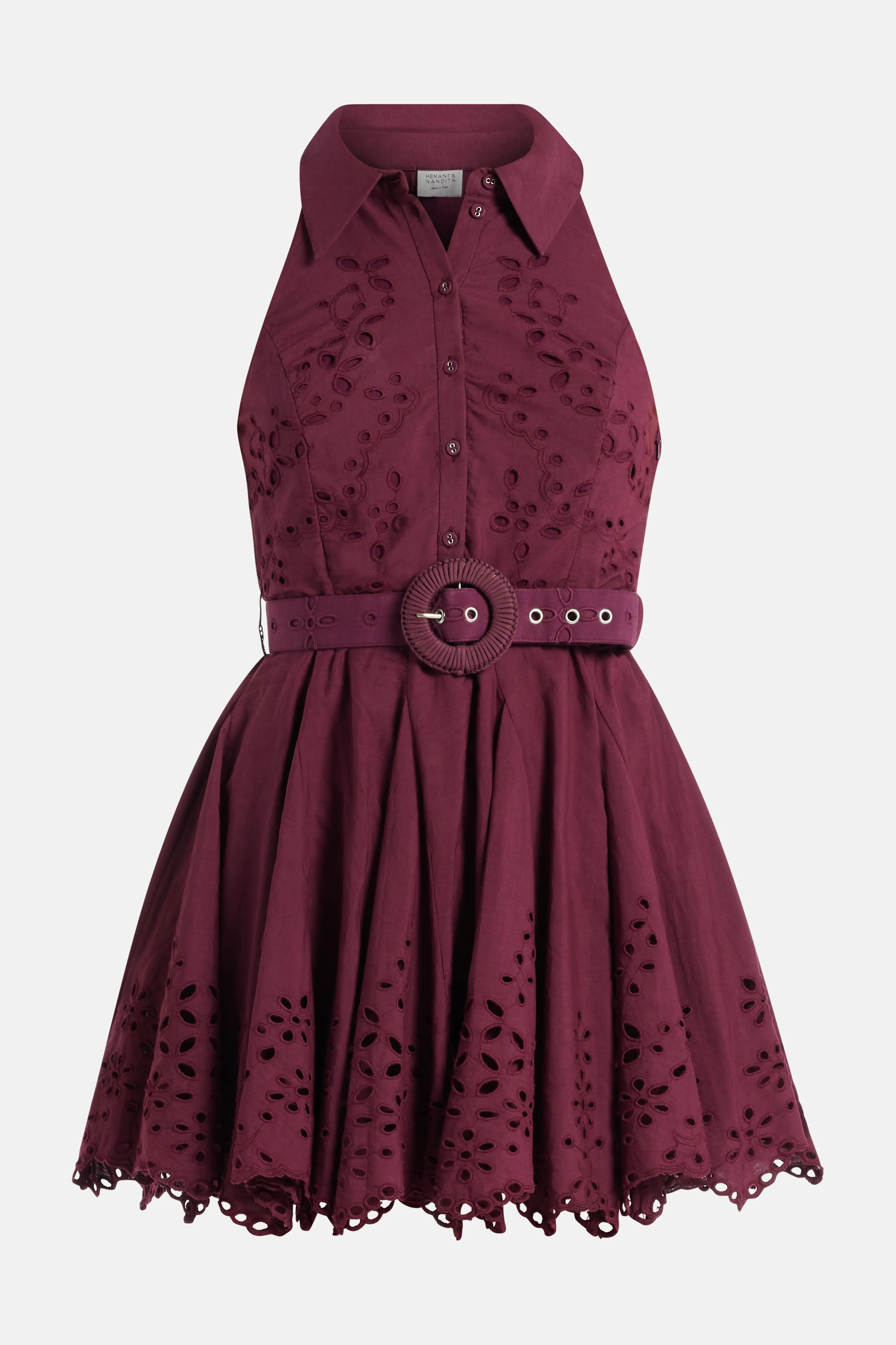 Mahi Floral Sleeveless Belted Cotton Mini Dress in Burgundy