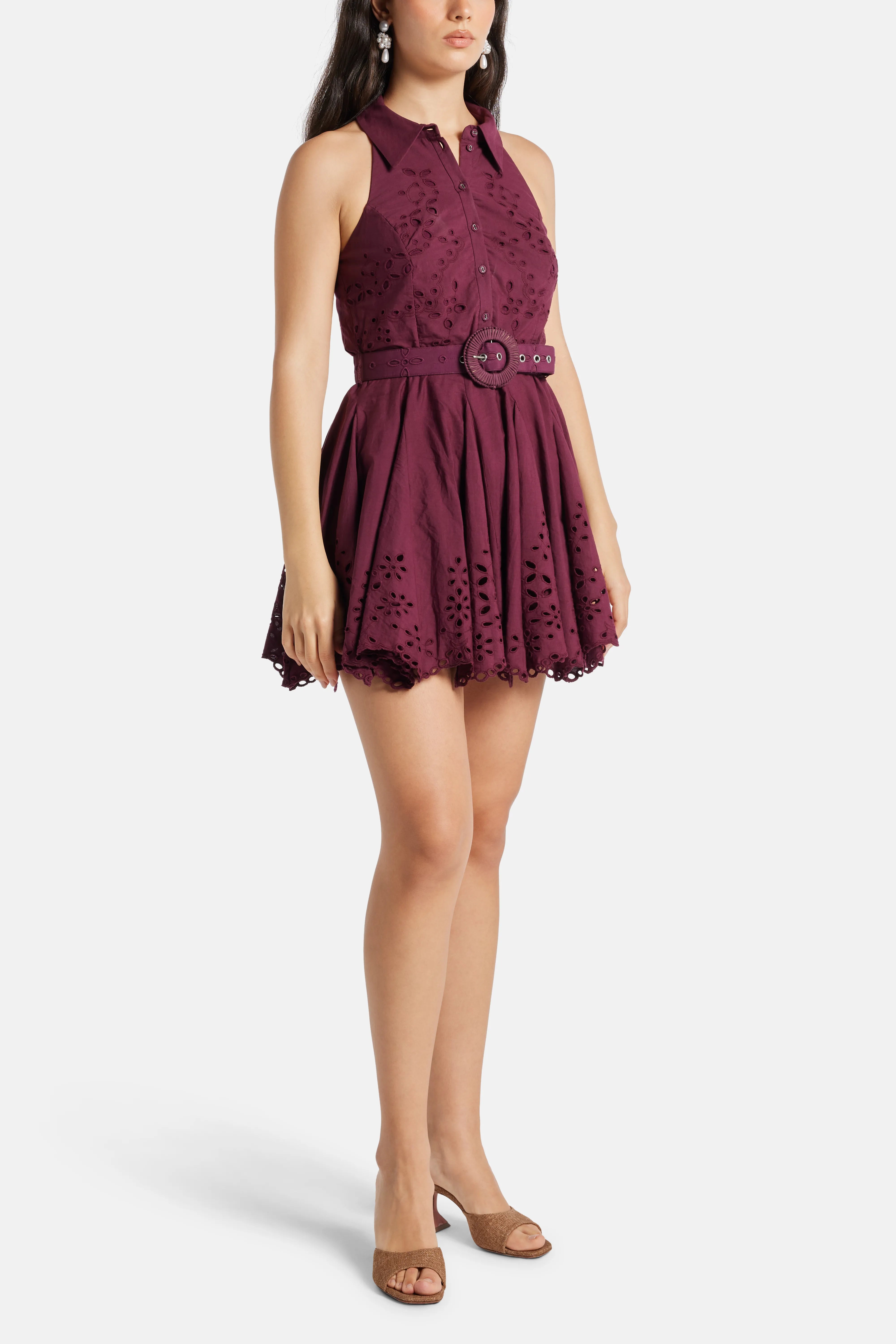 Mahi Floral Sleeveless Belted Cotton Mini Dress in Burgundy