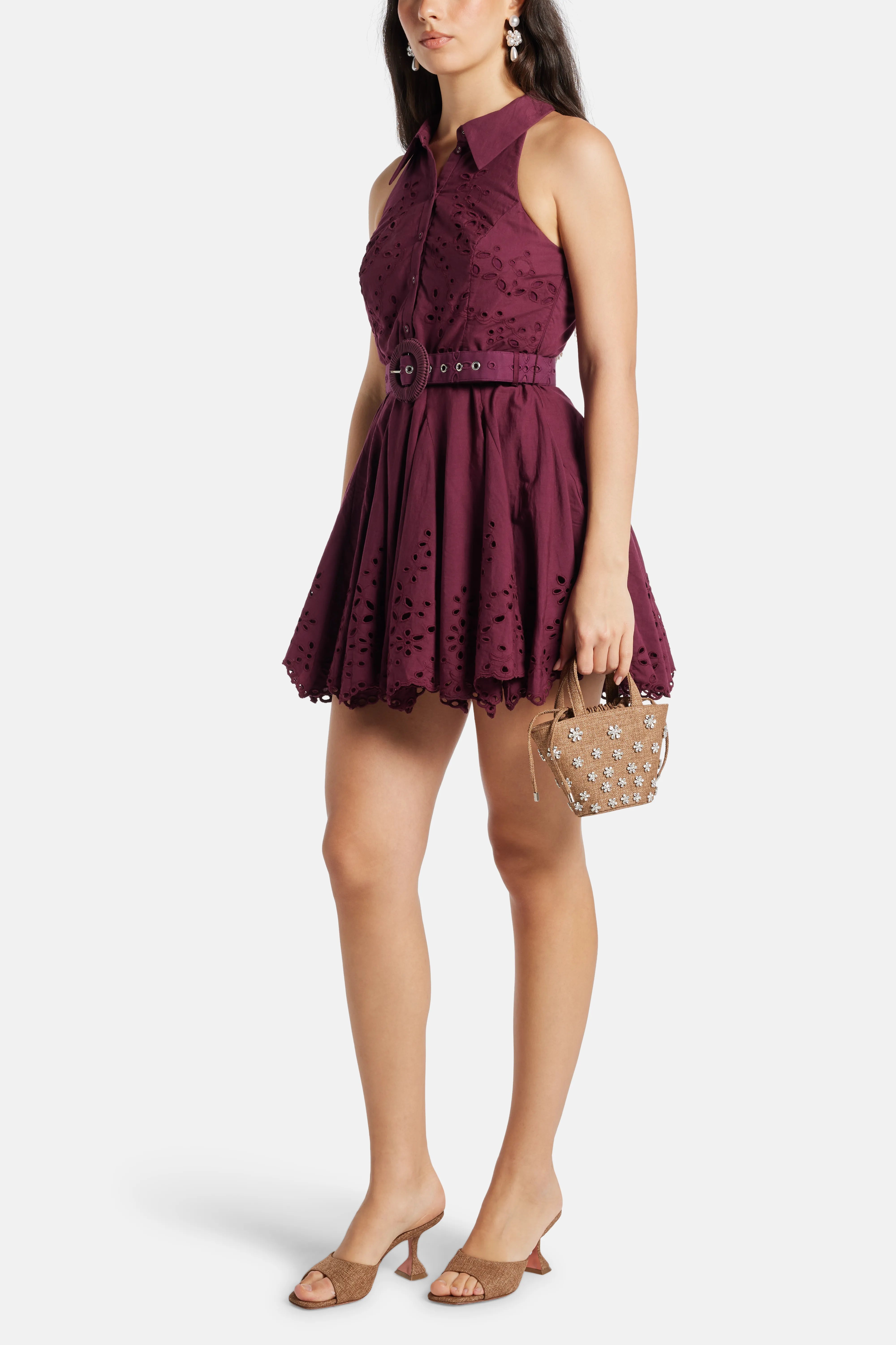 Mahi Floral Sleeveless Belted Cotton Mini Dress in Burgundy