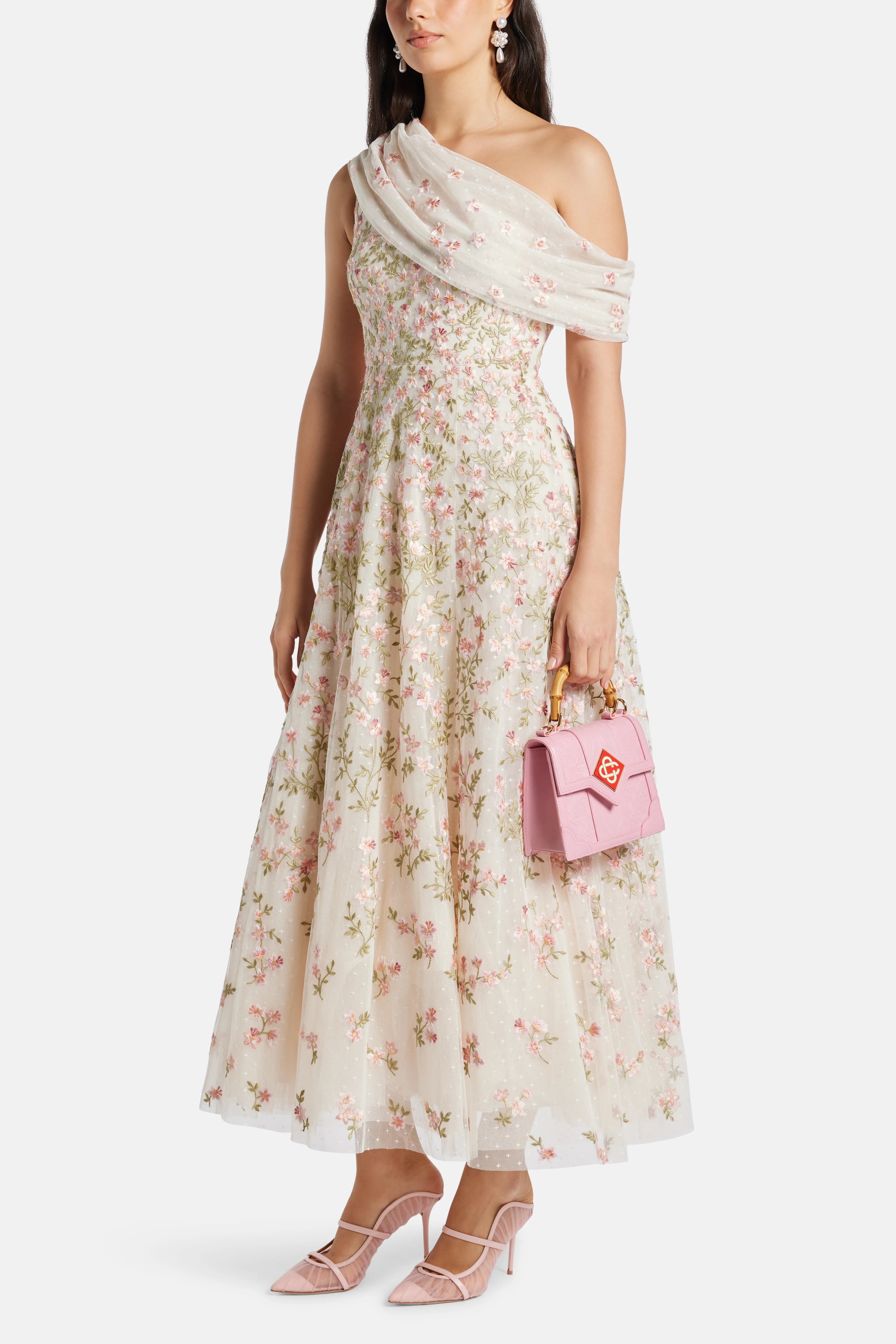 Everett Bloom One Shoulder Evening Dress in Cream