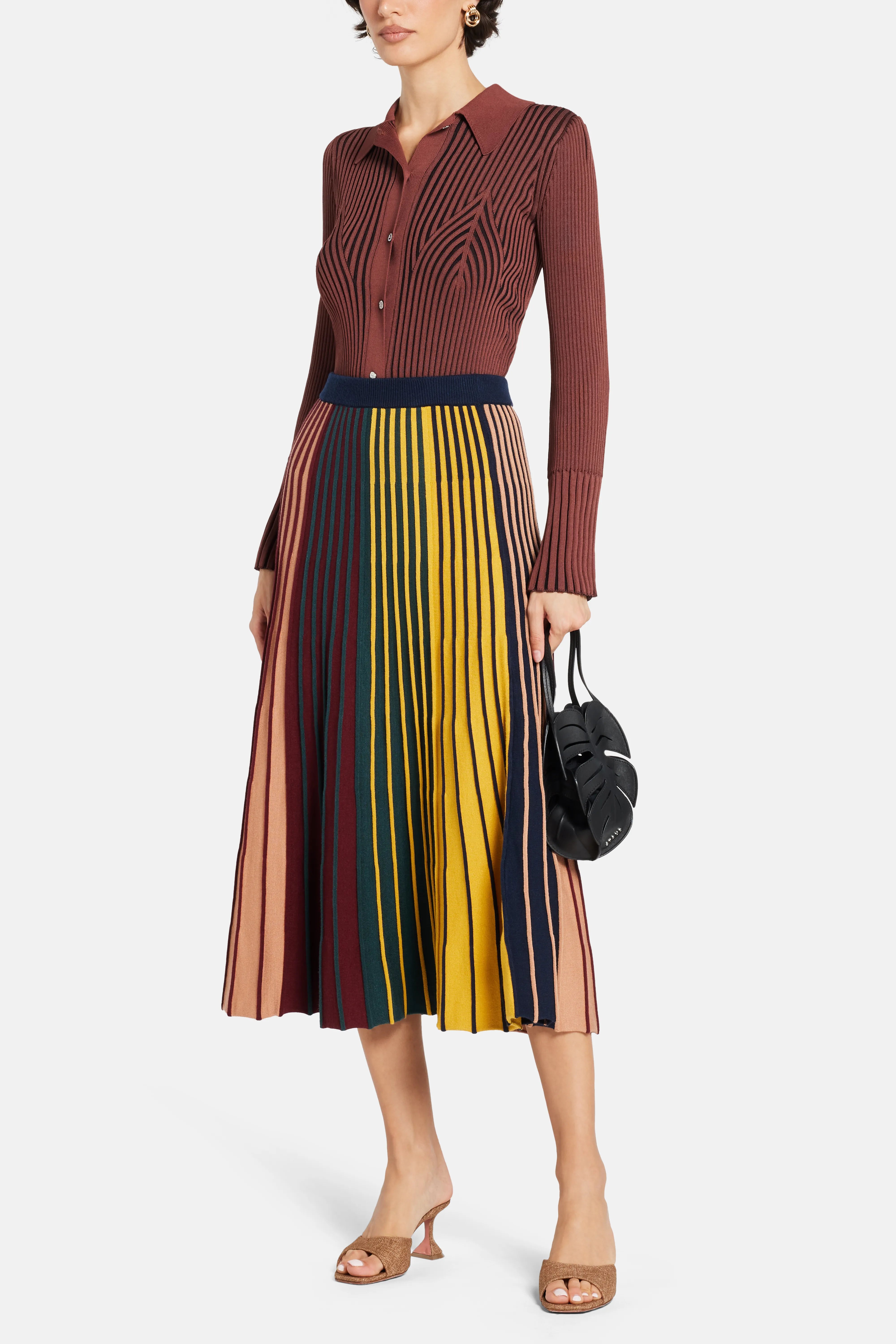 Celia Stripes Knit Midi Skirt in Maroon