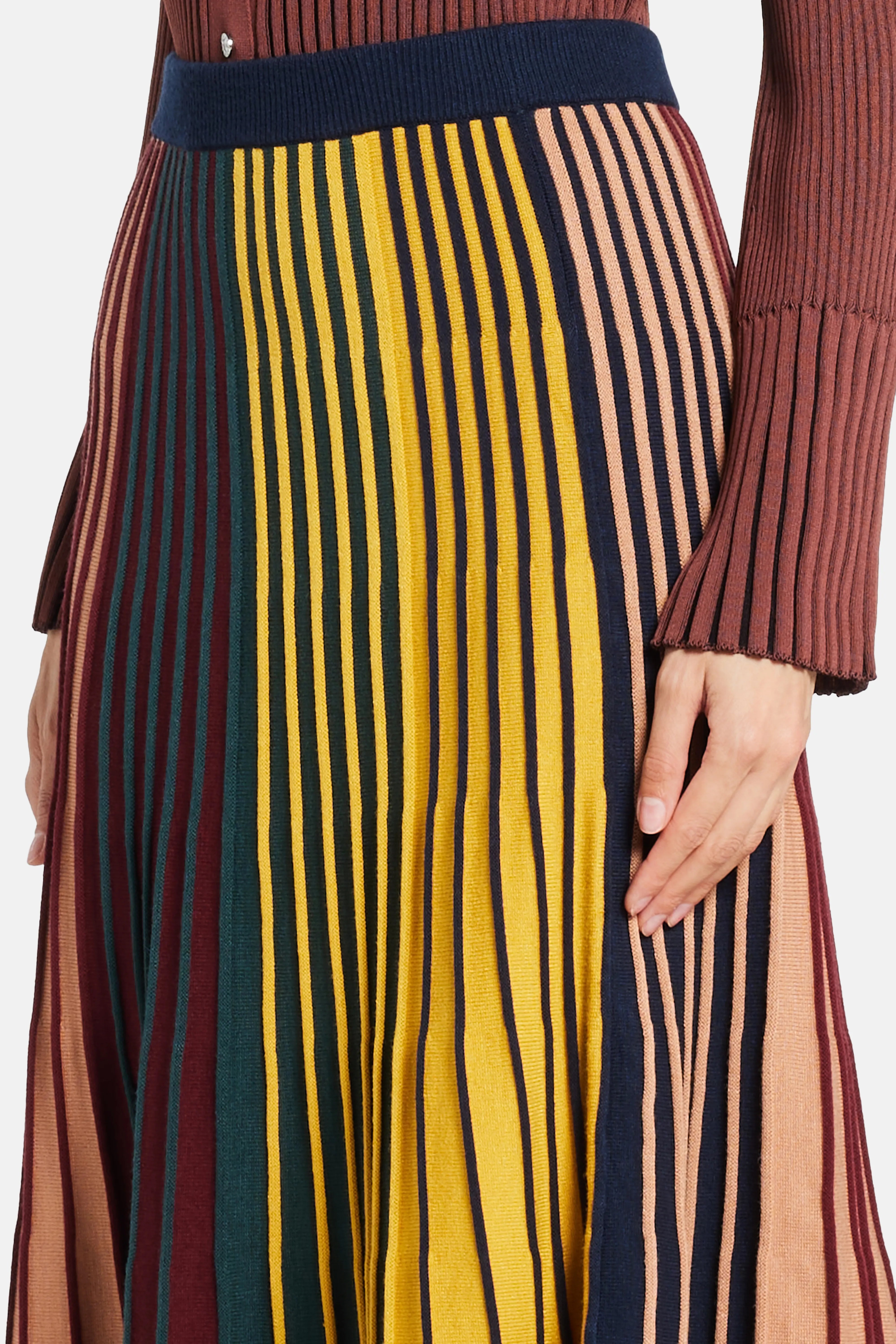 Celia Stripes Knit Midi Skirt in Maroon
