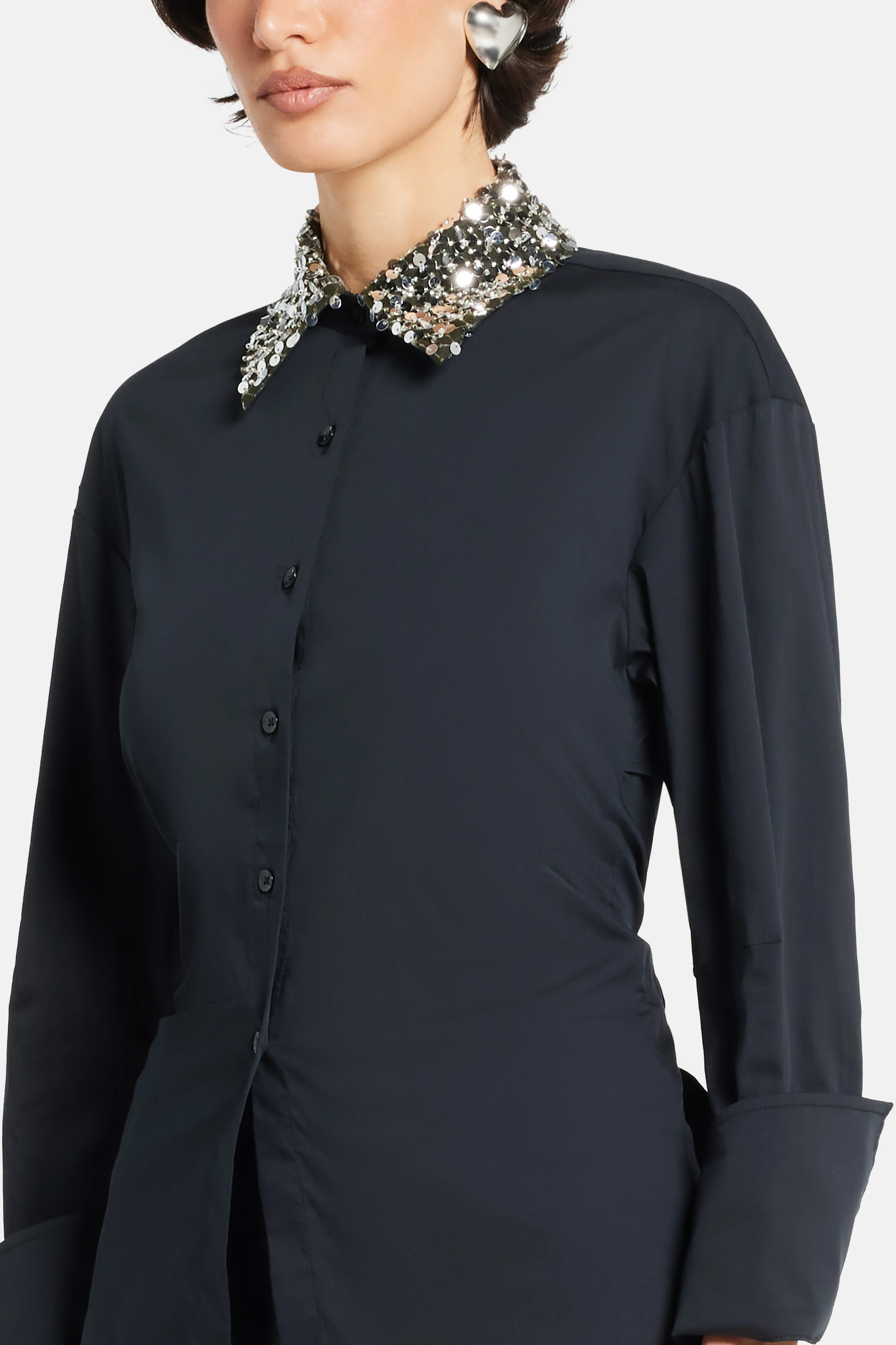 Loch Poplin Button Up Open Bow Back Embellished Collar Cotton Top in Black
