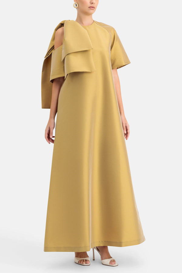 Winona Bow Applique Shoulder Cut Out Maxi Dress in Gold