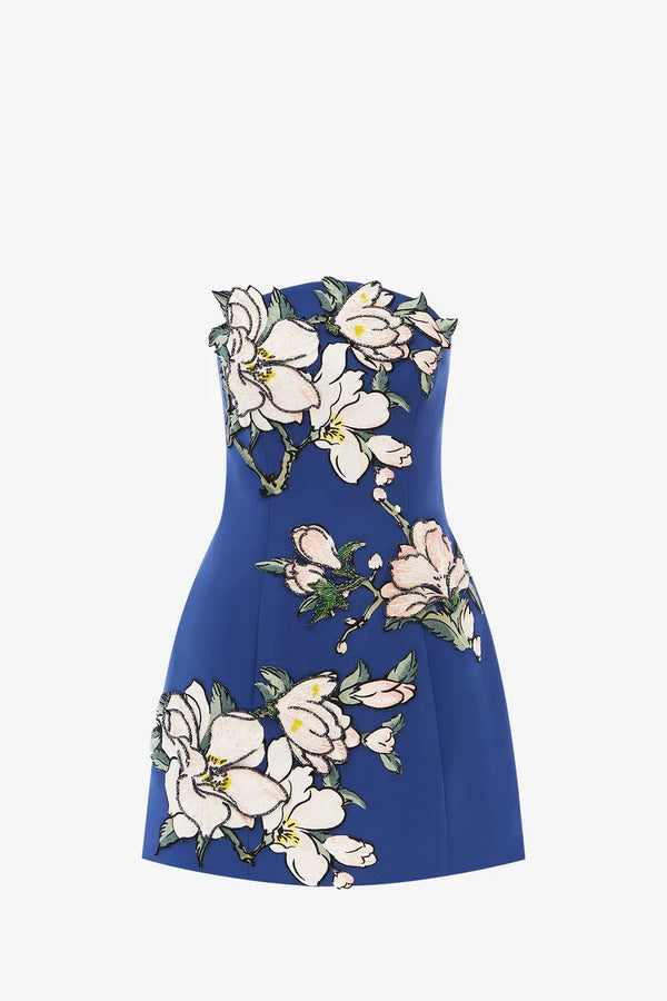 Zaria Floral Applique Bustier Mini Dress in Blue