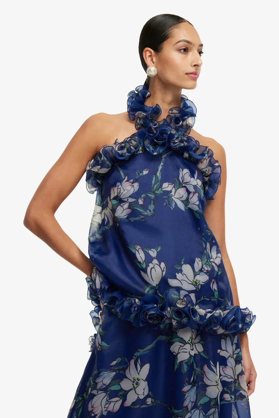Michelle Floral Ruffles Halter Neck Top in Blue