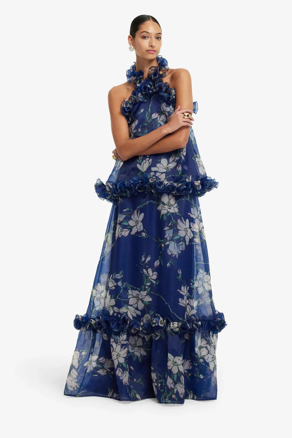 Paige Floral Ruffles Maxi Skirt in Blue