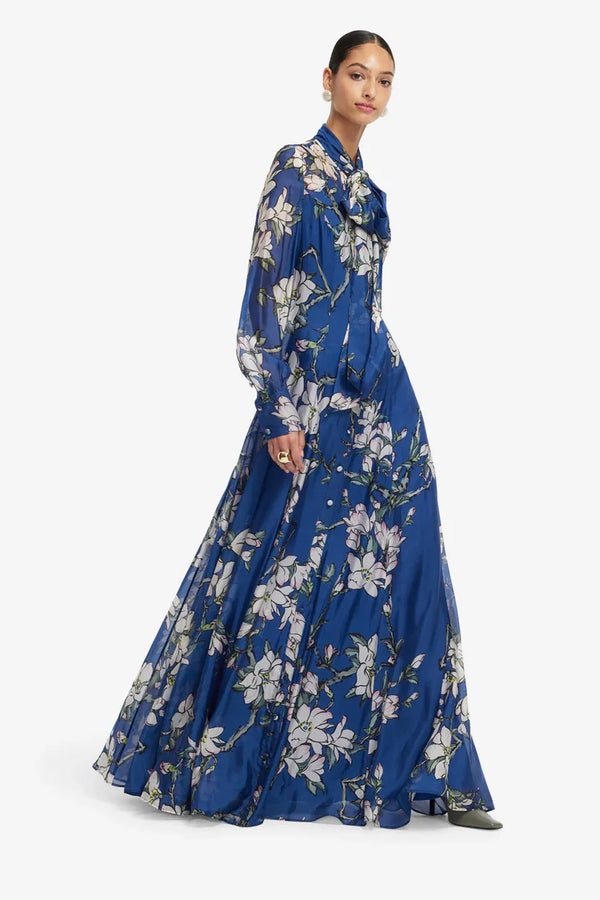 Lilith Floral Tie Neck Silk Maxi Dress in Blue